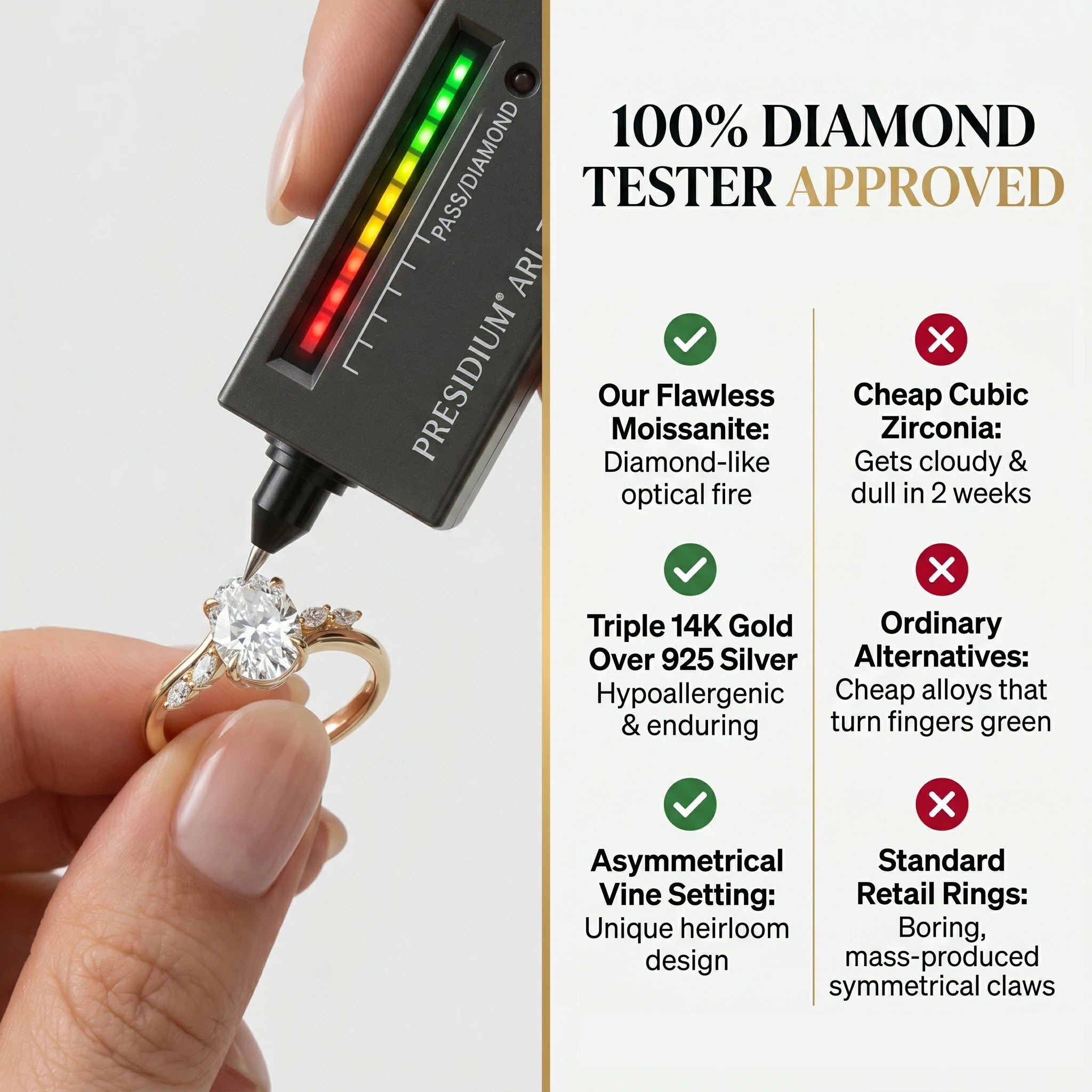 🔥 LAST DAY 90% OFF: Multi-Angle Optical Cut Finger-Slimming D-Color VVS1 Flawless Moissanite Asymmetrical Vine Ring in 14K Gold Over 925 Silver