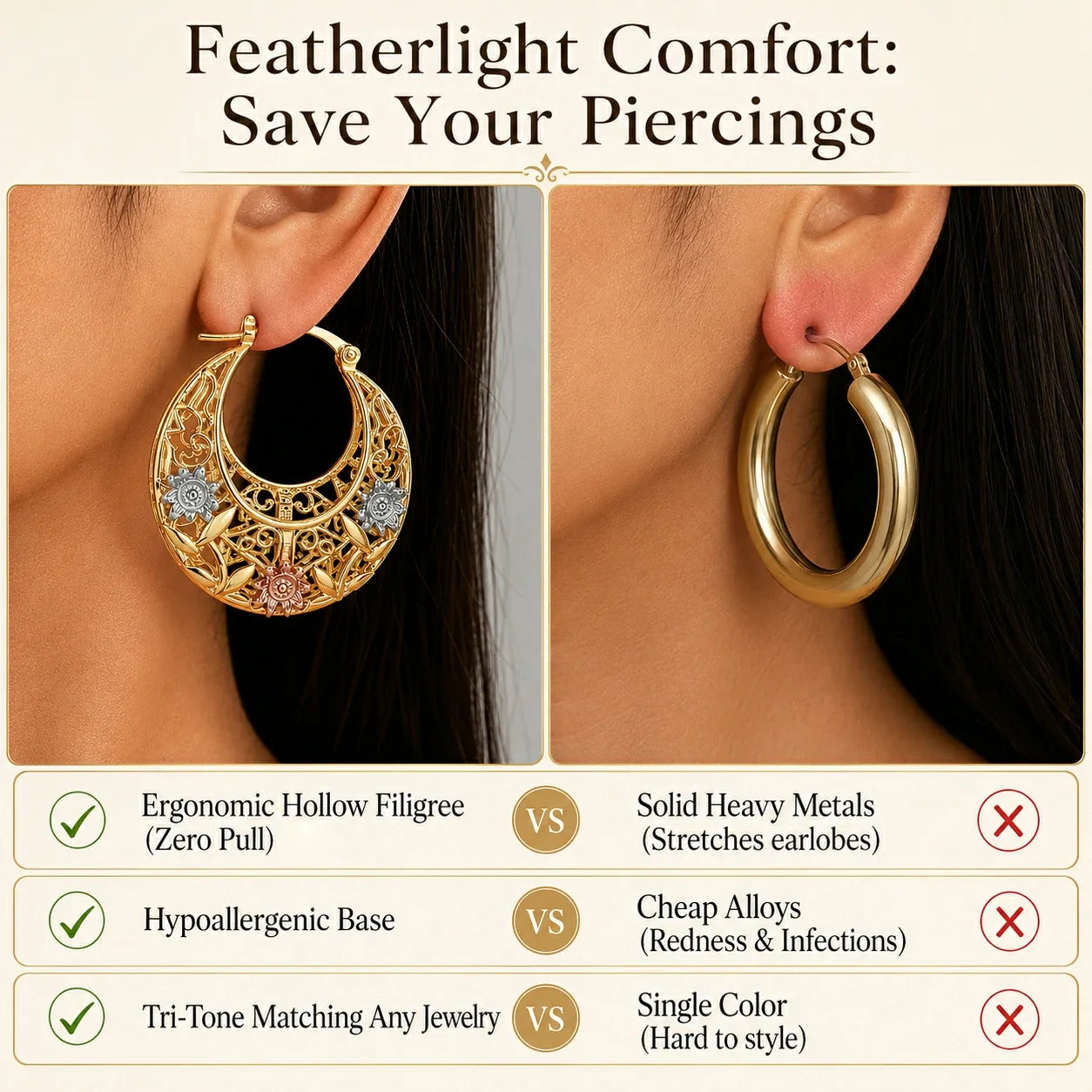 🔥 LAST DAY 90% OFF: Featherlight Tri-Tone Filigree Crescent Earrings in Hypoallergenic Base