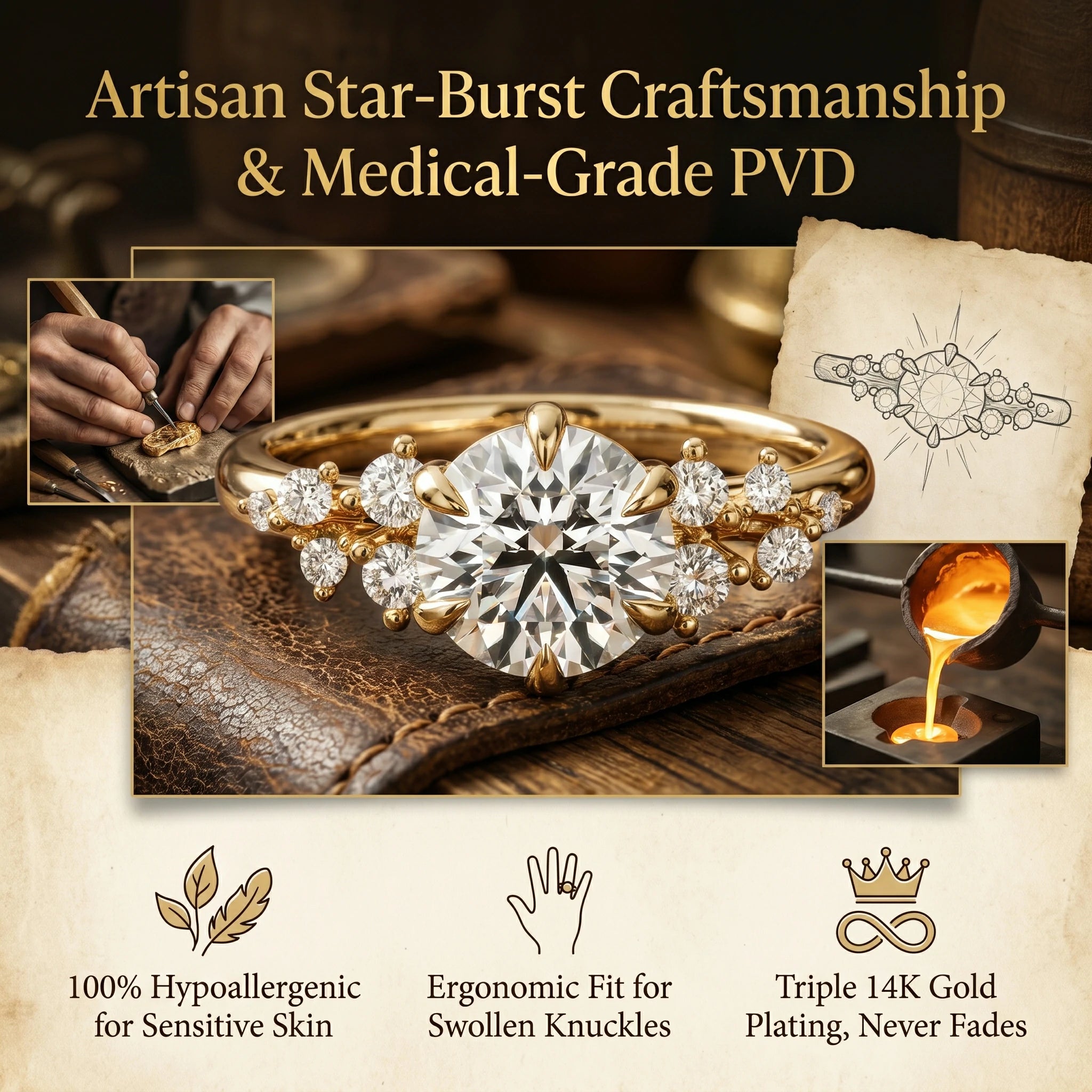 🔥 LAST DAY 90% OFF: Star-Burst Tarnish-Free Flawless VVS1 D-Color Vintage Eternity Ring in 14K Gold Over Silver