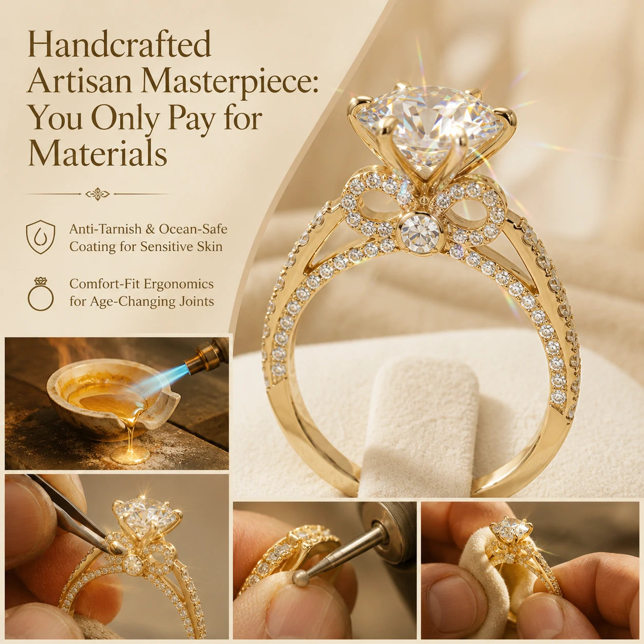 🔥 LAST DAY 90% OFF: Tester-Passing HD-Fire D-VVS1 Flawless Moissanite Vintage Bow Ring in Triple 14K Gold