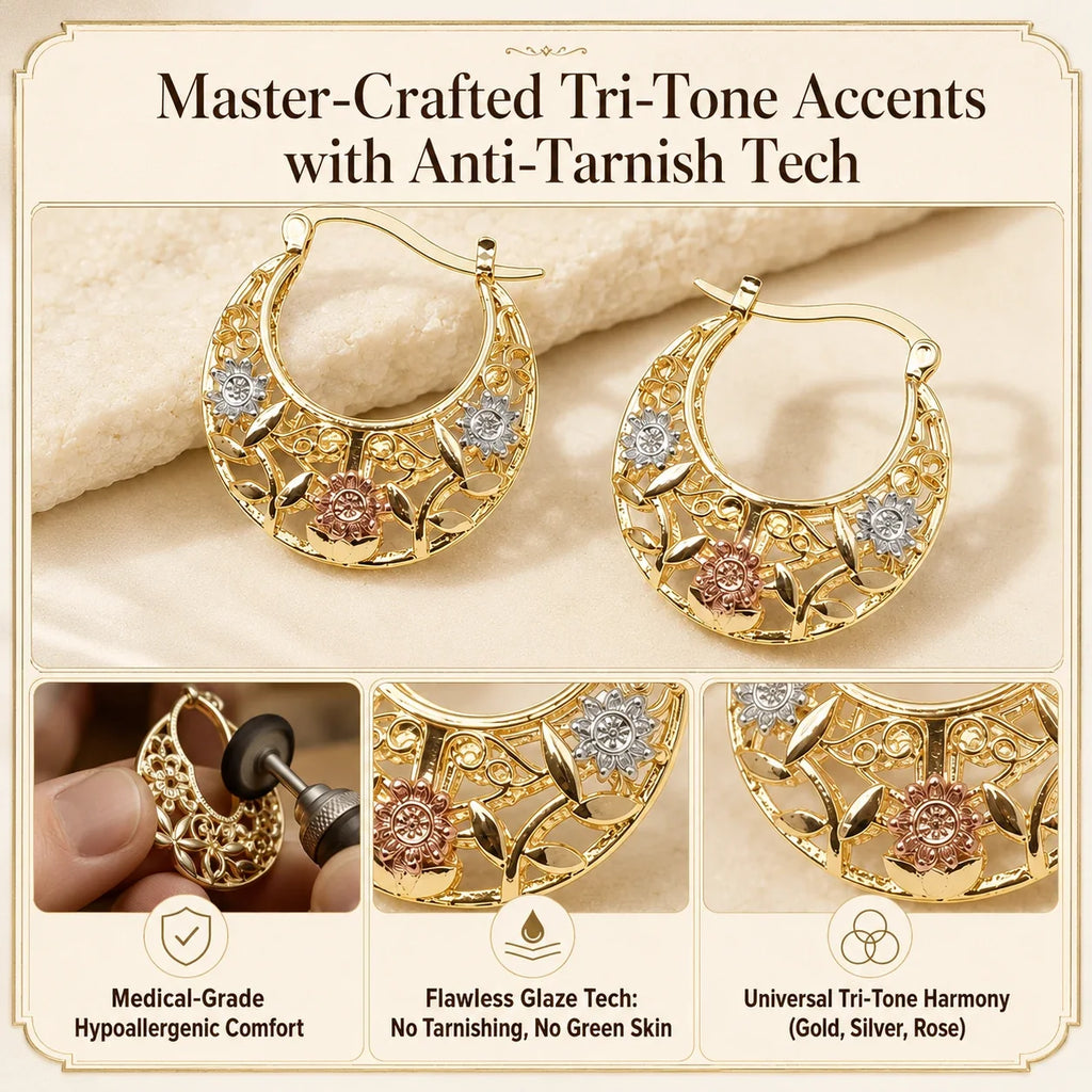 🔥 LAST DAY 90% OFF: Featherlight Tri-Tone Filigree Crescent Earrings in Hypoallergenic Base
