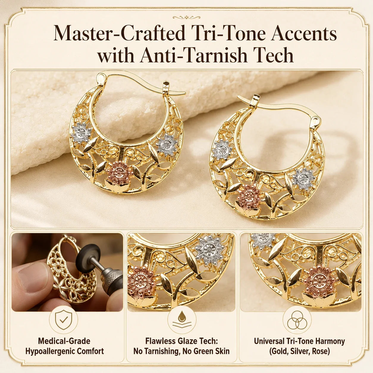 🔥 LAST DAY 90% OFF: Featherlight Tri-Tone Filigree Crescent Earrings in Hypoallergenic Base