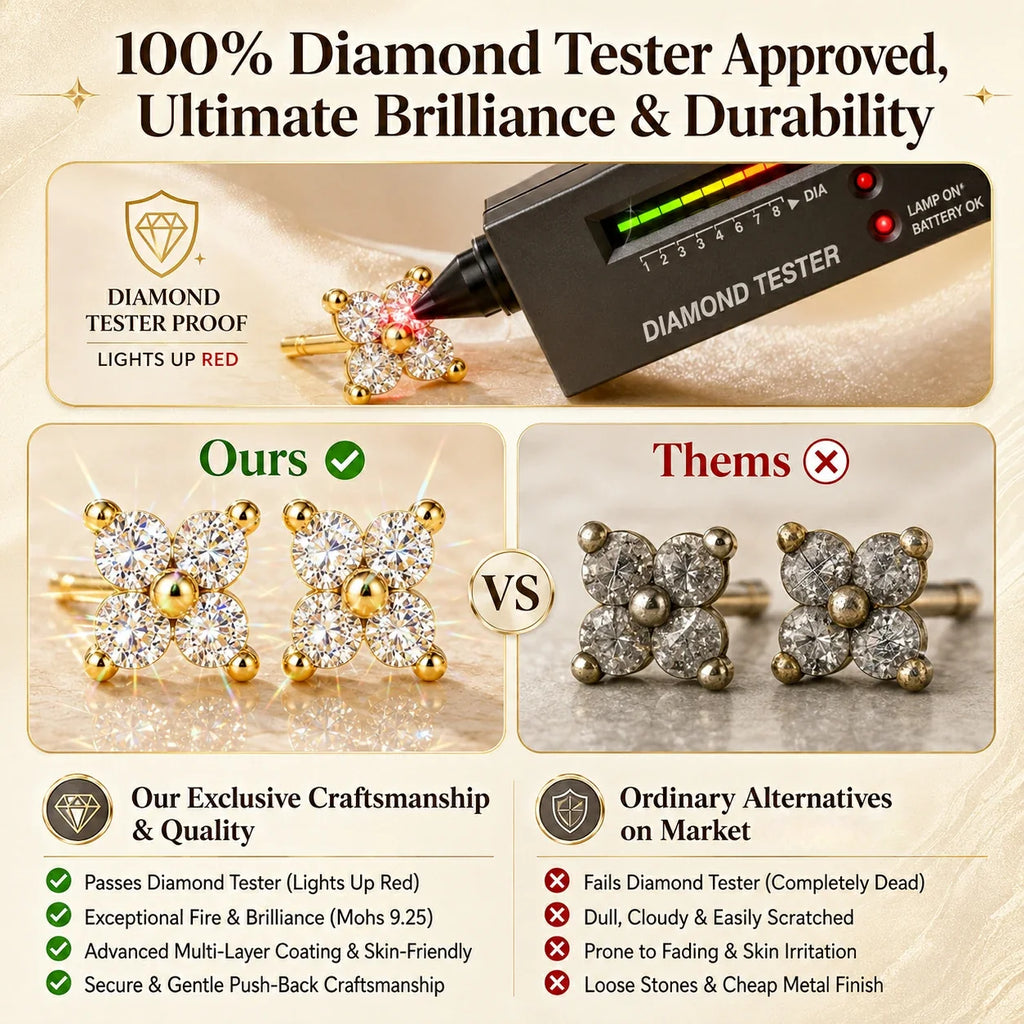 🔥 LAST DAY 90% OFF : Elegant Four-Leaf Clover Moissanite Diamond Stud Earrings – Timeless Luxury & 100% Diamond Tester Approved