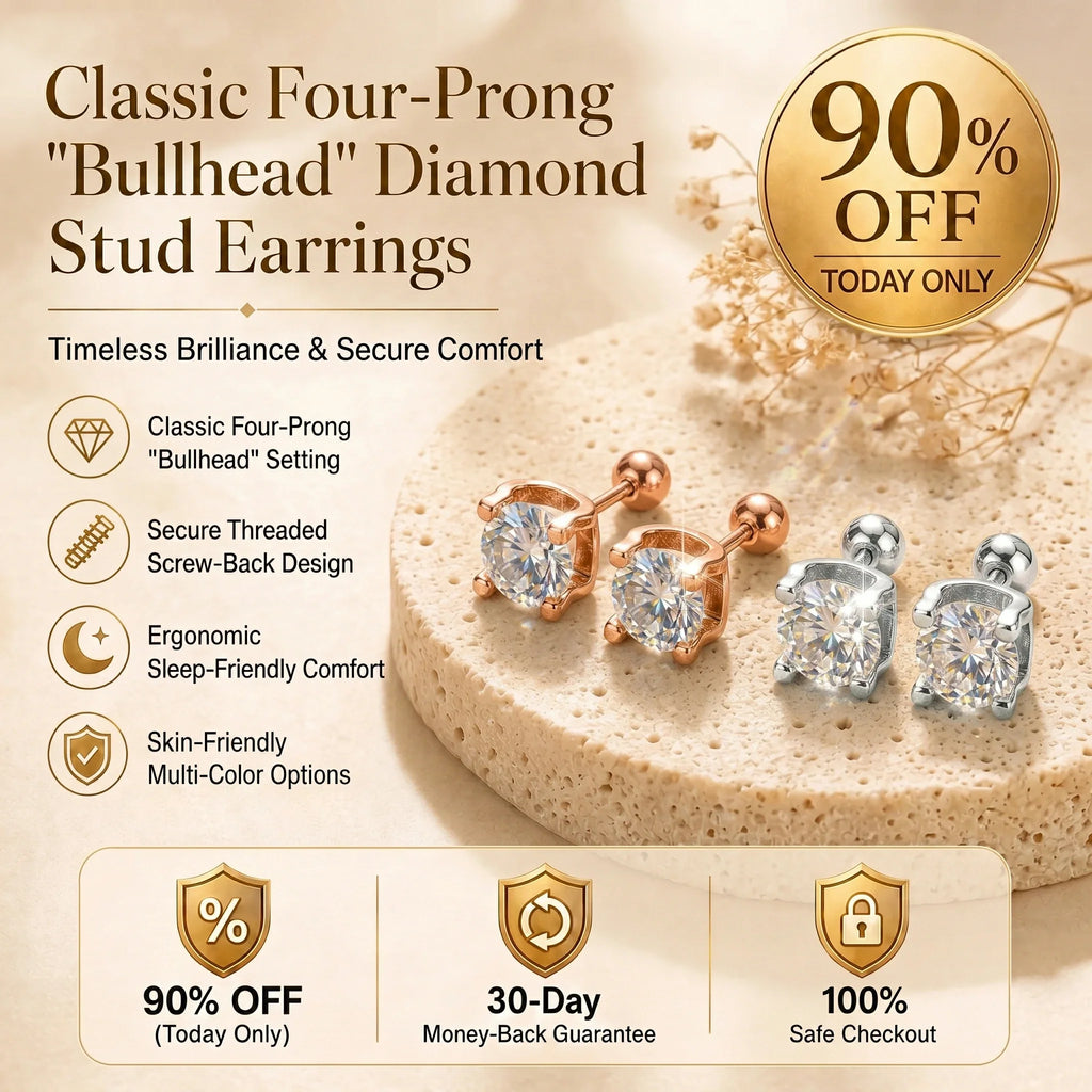 🔥 LAST DAY 90% OFF : Classic Four-Prong "Bullhead" Diamond Stud Earrings (Secure Screw-Back) – Timeless Brilliance & Sleep-Friendly Comfort