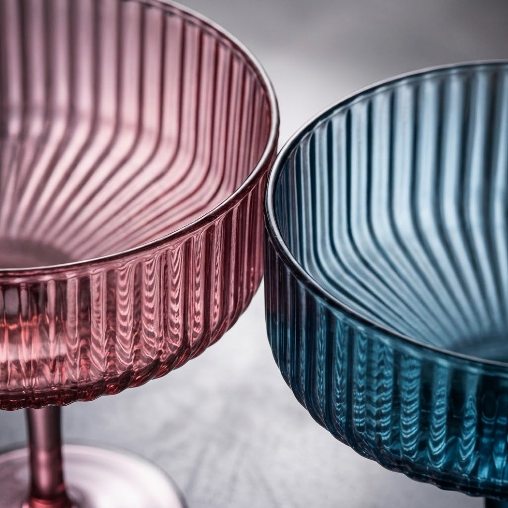 Ribbed Art Deco Colored Coupe Glass Set - Assorted 6-Piece Collection