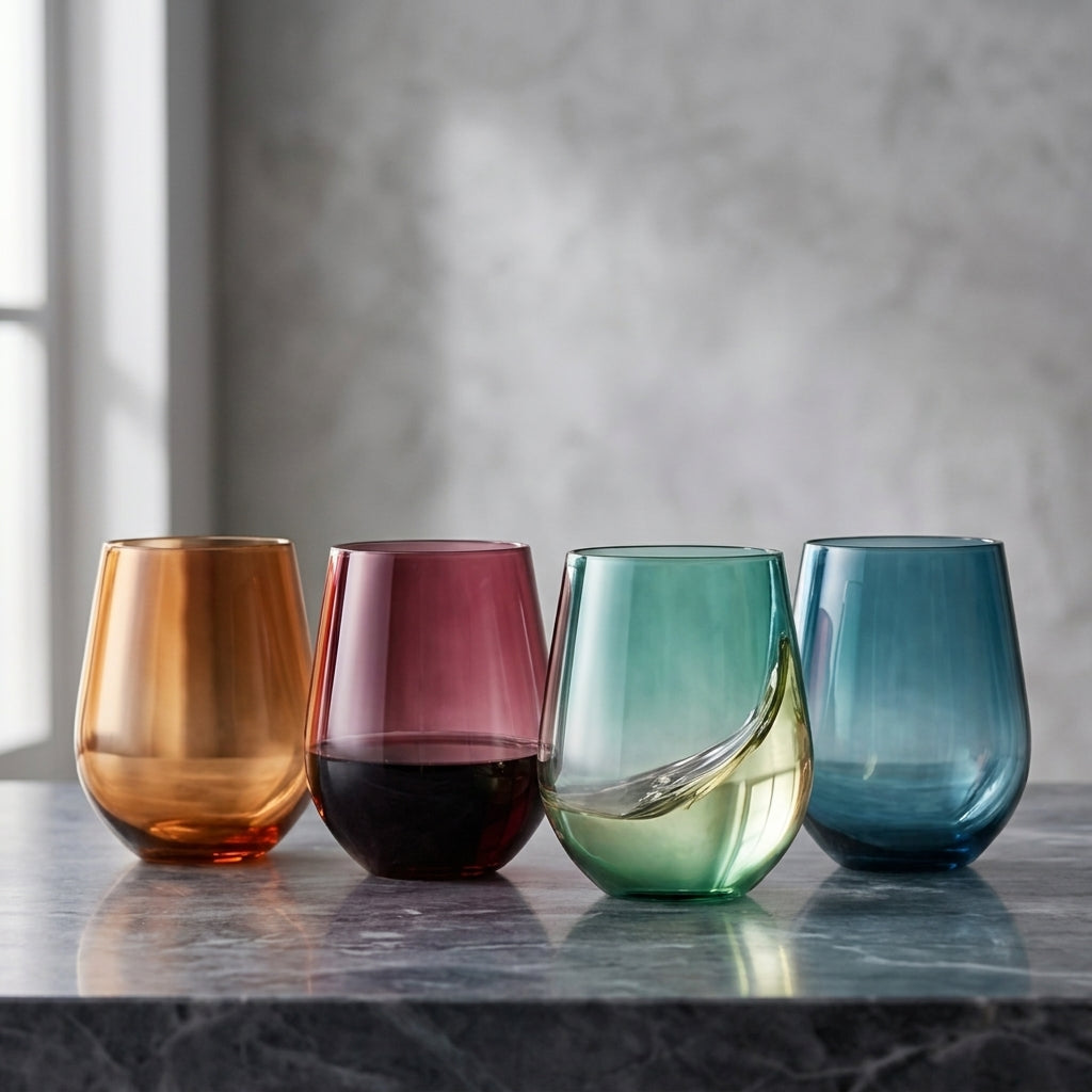 Jewel Tone Stemless Wine Glass Set - Assorted 4-Color Collection