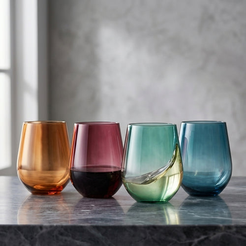 Jewel Tone Stemless Wine Glass Set - Assorted 4-Color Collection