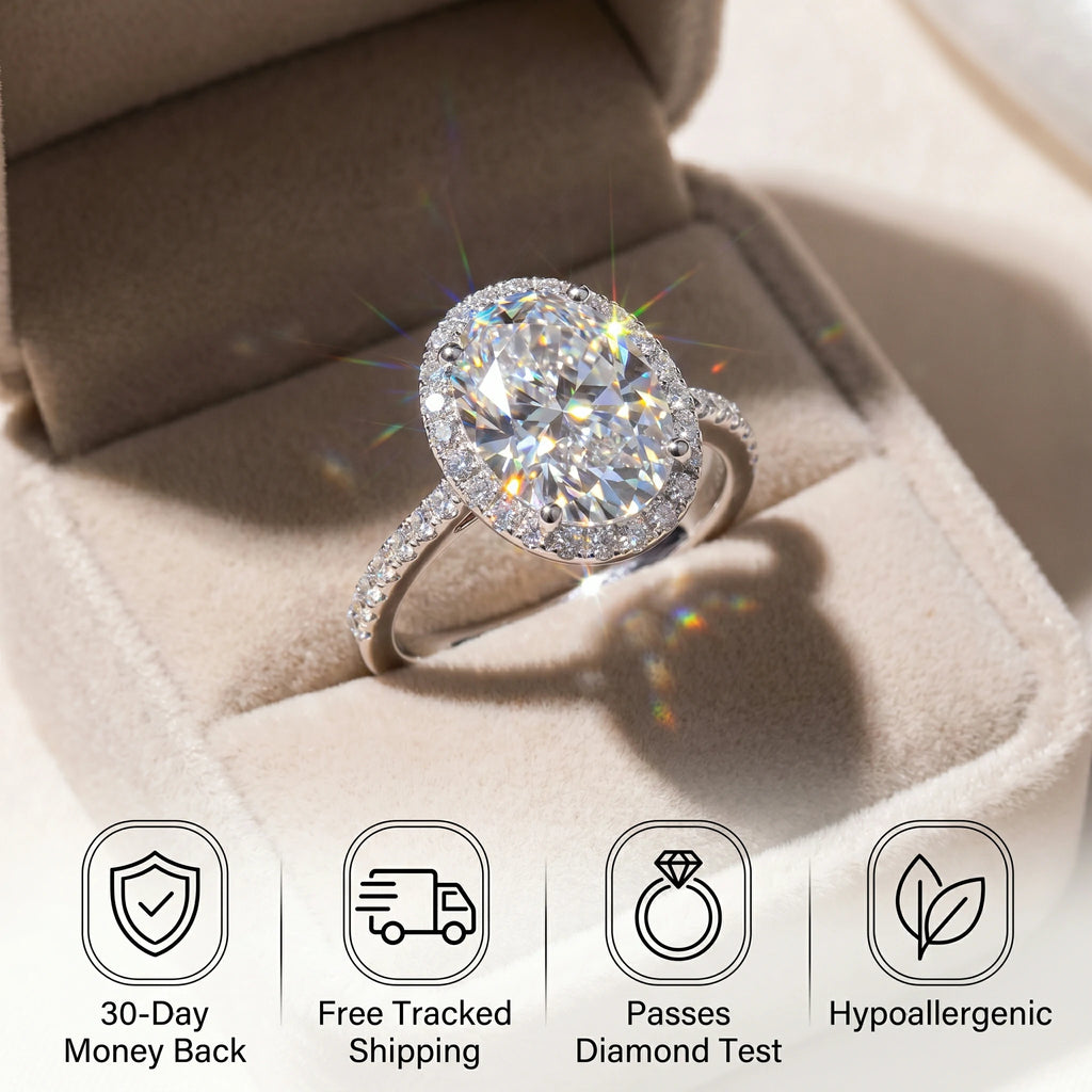 🔥 LAST DAY 90% OFF: High-Density Micro-Pavé Halo Travel-Safe D-Color VVS1 Flawless Classic Oval Moissanite Ring in 14K Gold Plated 925 Silver