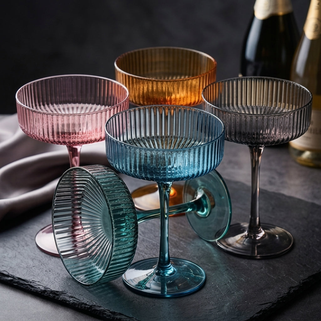 Ribbed Art Deco Colored Coupe Glass Set - Assorted 6-Piece Collection
