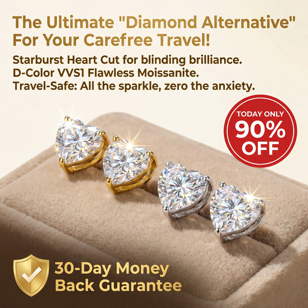 🔥 LAST DAY 90% OFF: Starburst Heart Cut Travel-Safe Flawless Moissanite D-Color VVS1 Stud Earrings in Triple-Gold Plated 925 Silver