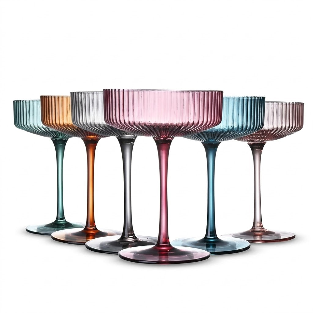 Ribbed Art Deco Colored Coupe Glass Set - Assorted 6-Piece Collection