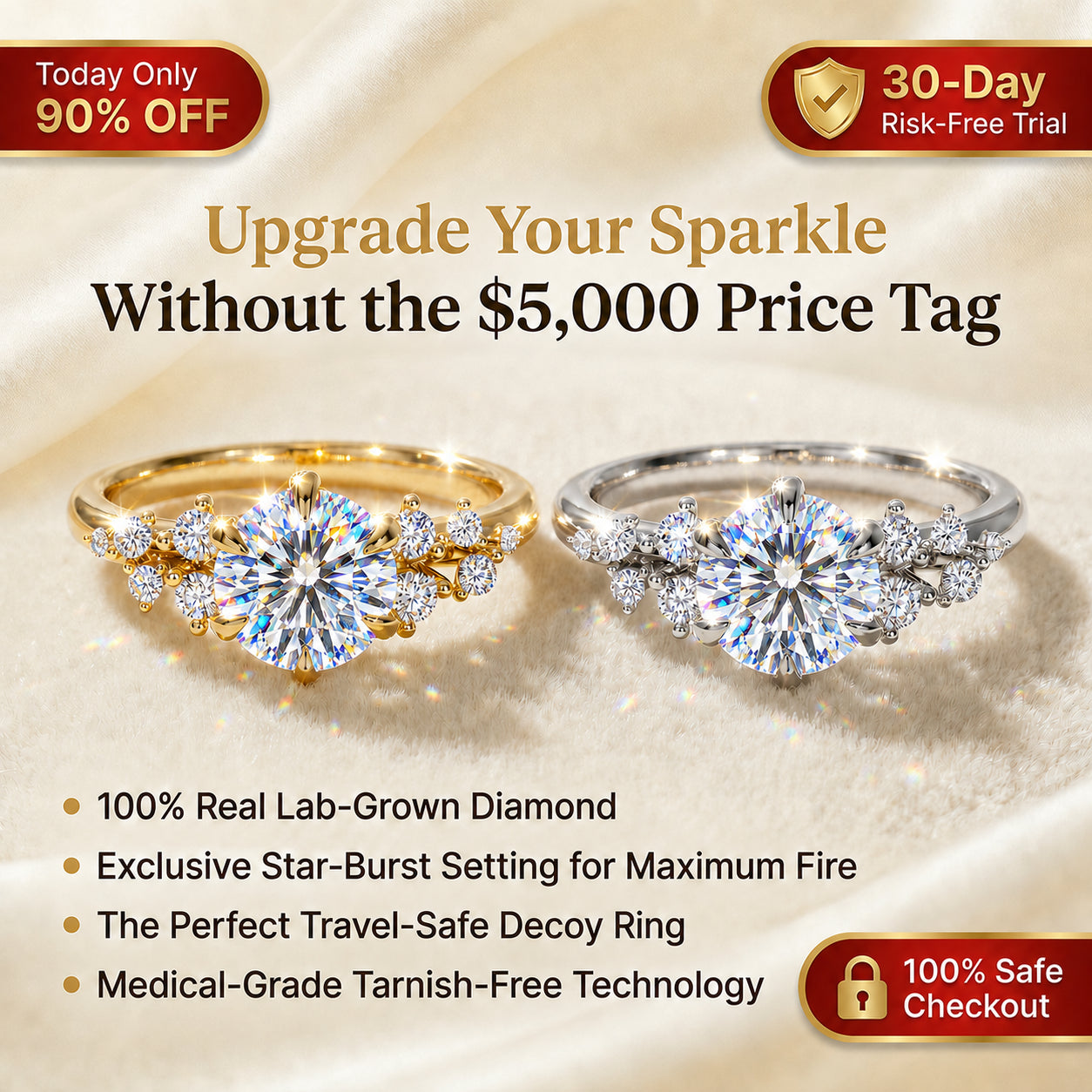 🔥 LAST DAY 90% OFF: Star-Burst Tarnish-Free Flawless VVS1 D-Color Vintage Eternity Ring in 14K Gold Over Silver