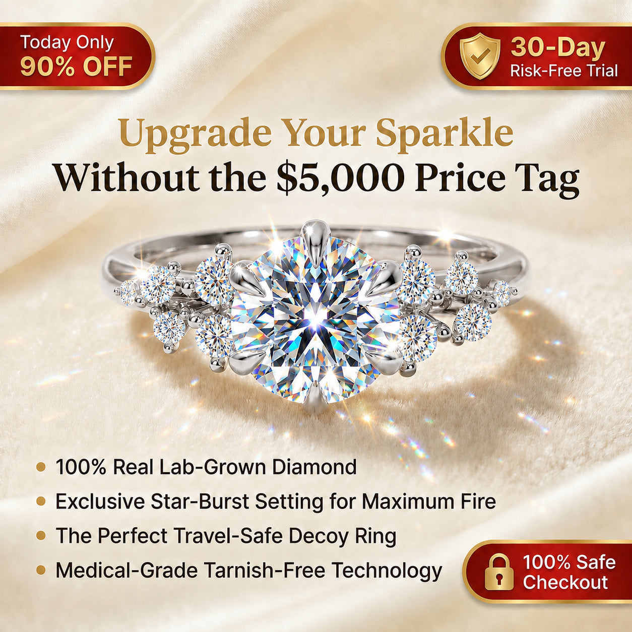 🔥 LAST DAY 90% OFF: Star-Burst Tarnish-Free Flawless VVS1 D-Color Vintage Eternity Ring in 14K Gold Over Silver