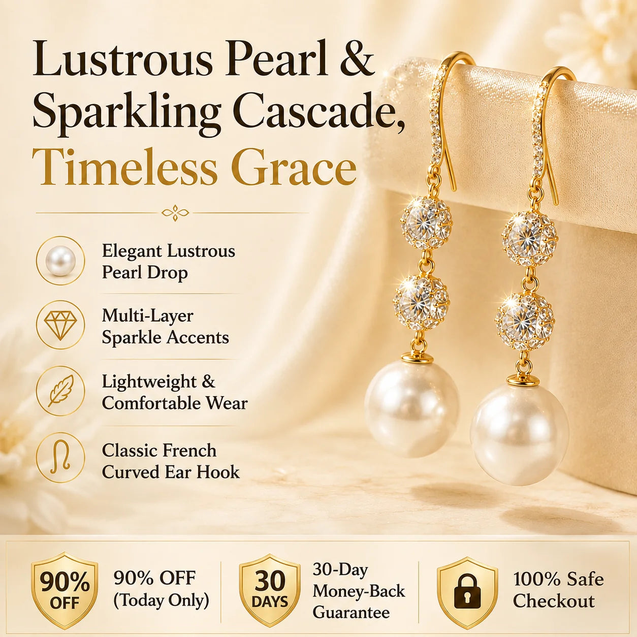 🔥 LAST DAY 90% OFF : Lustrous Pearl & Sparkling Cascade Drop Earrings – Timeless Grace & Modern Luxury