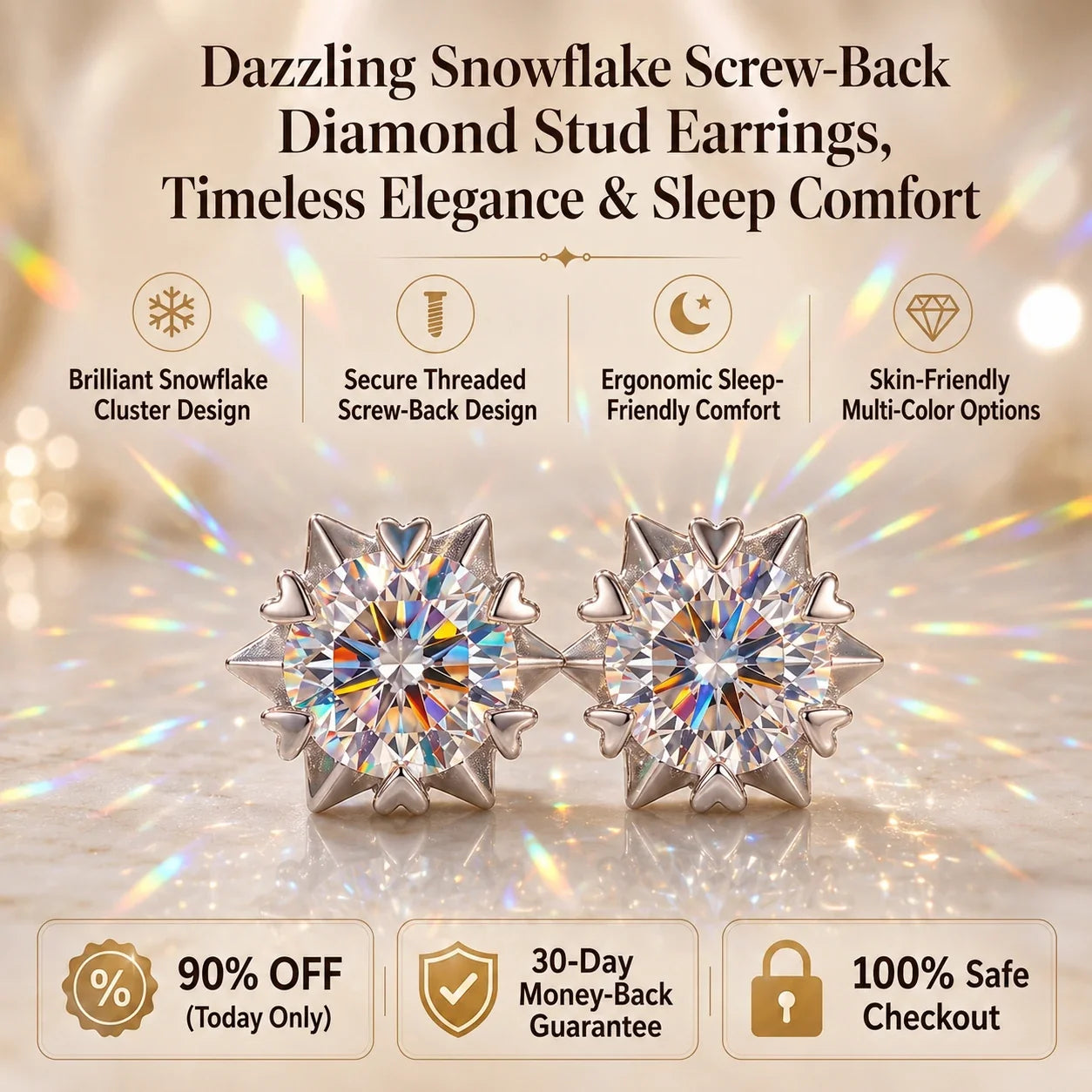 🔥 LAST DAY 90% OFF : Dazzling Snowflake Screw-Back Diamond Stud Earrings – Architectural Brilliance & Sleep-Friendly Comfort