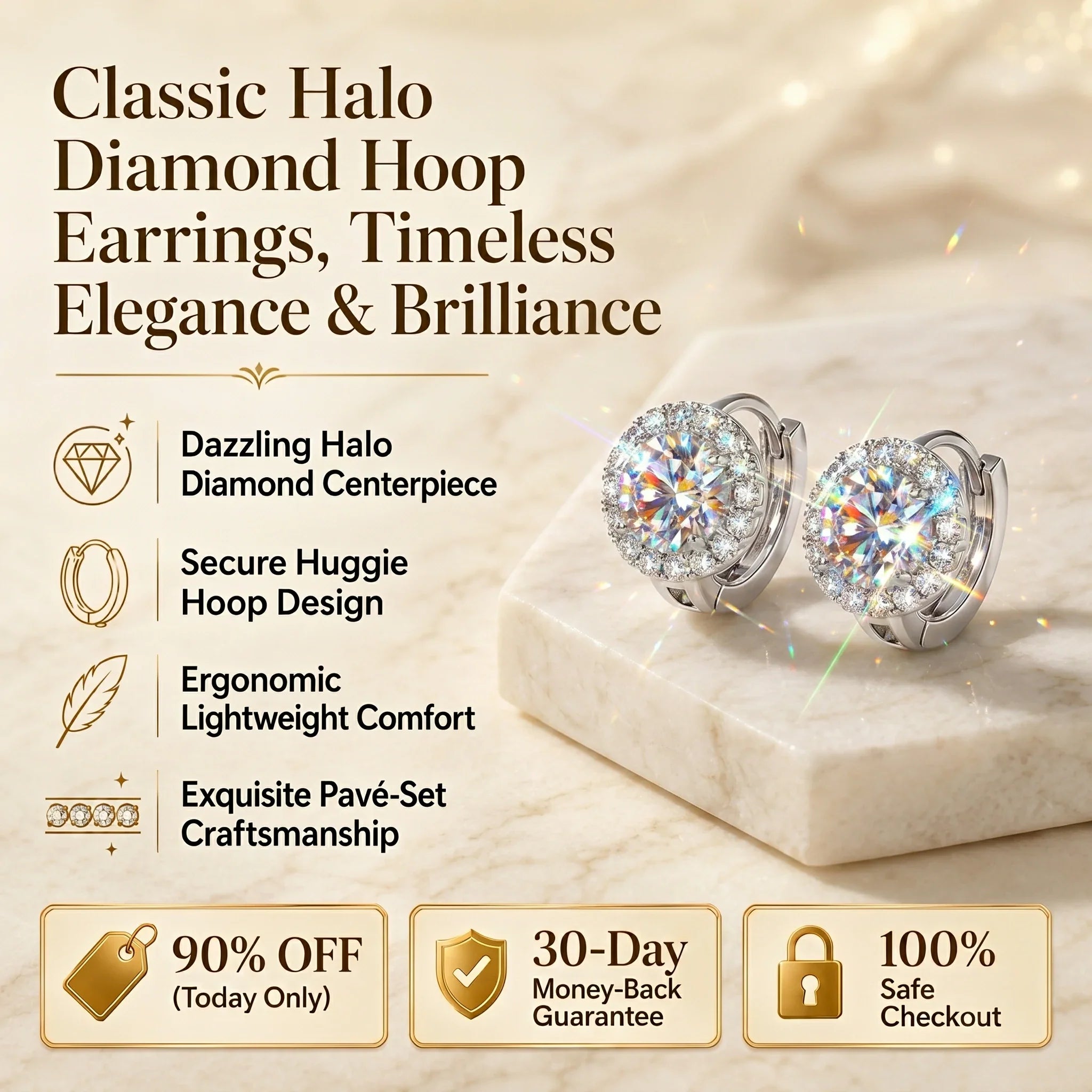 🔥 LAST DAY 90% OFF : Classic Halo Diamond Huggie Hoop Earrings – Timeless Elegance & Secure Brilliance