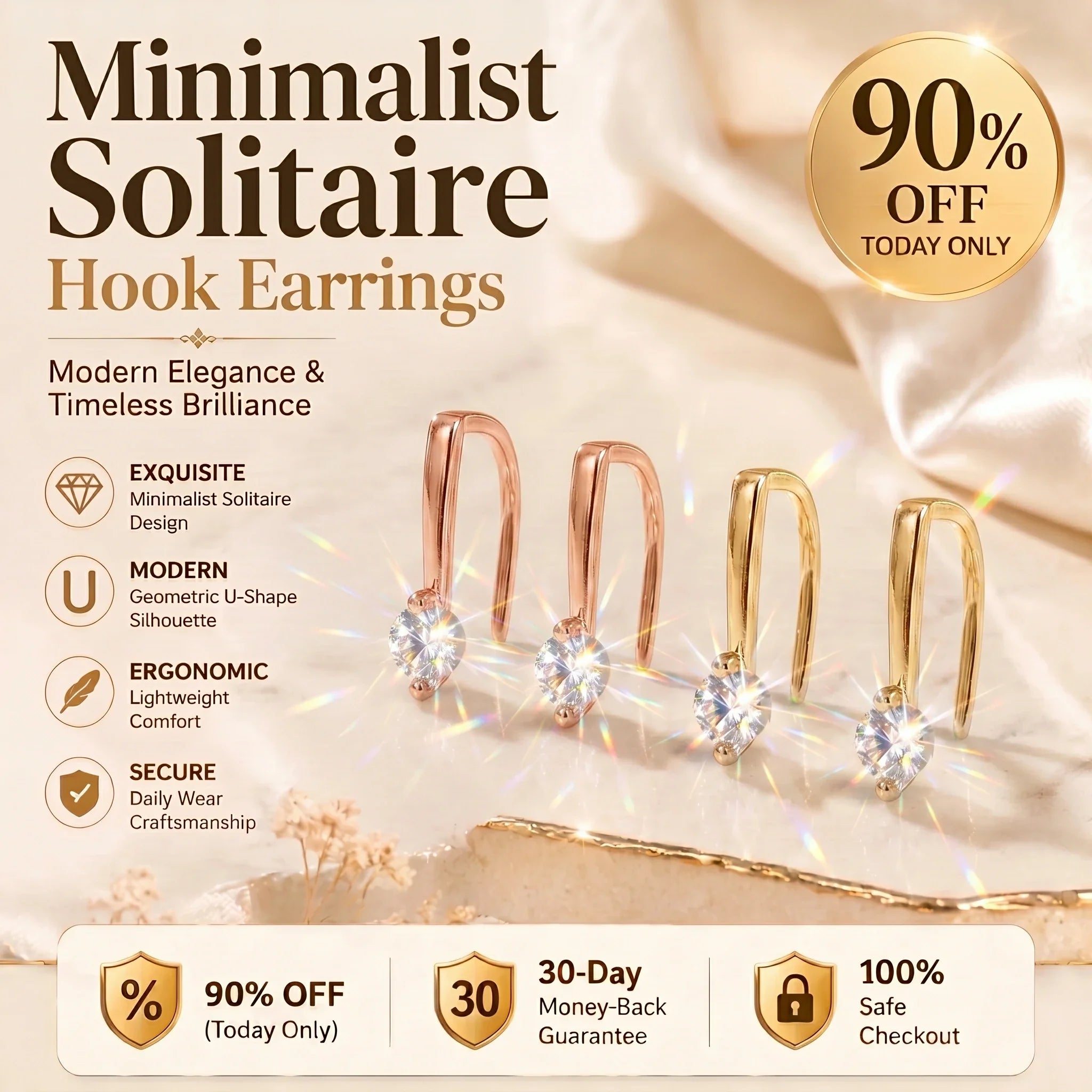 🔥 LAST DAY 90% OFF : Minimalist Solitaire U-Shape Hook Earrings – Easy-On Comfort & Timeless Brilliance