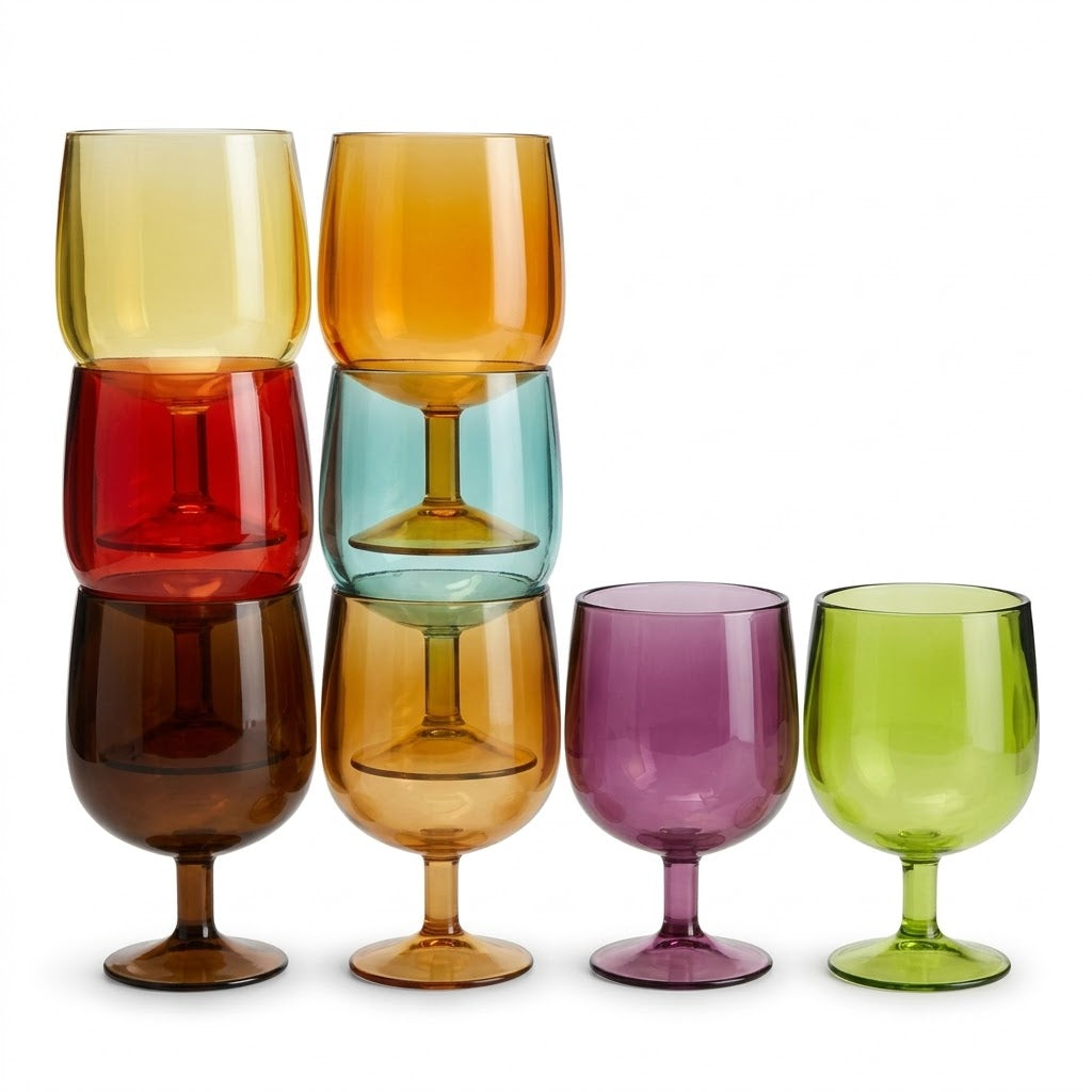 Retro Stackable Colored Glass Goblet Set - Assorted 8-Piece Collection