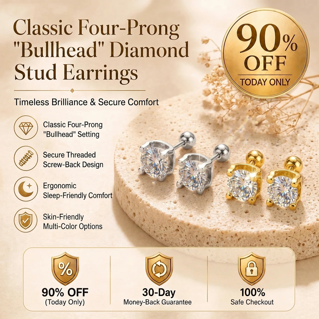 🔥 LAST DAY 90% OFF : Classic Four-Prong "Bullhead" Diamond Stud Earrings (Secure Screw-Back) – Timeless Brilliance & Sleep-Friendly Comfort