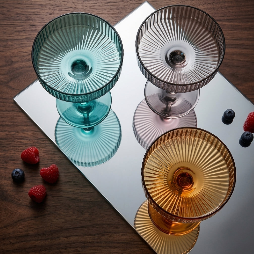 Ribbed Art Deco Colored Coupe Glass Set - Assorted 6-Piece Collection