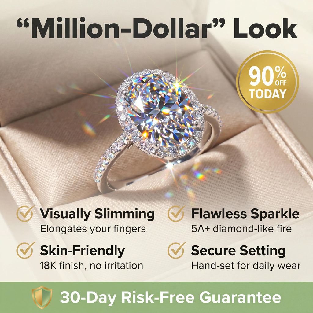 🔥 LAST DAY 90% OFF: High-Density Micro-Pavé Halo Travel-Safe D-Color VVS1 Flawless Classic Oval Moissanite Ring in 14K Gold Plated 925 Silver